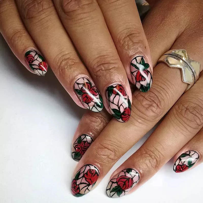 Stained glass red rose nail design