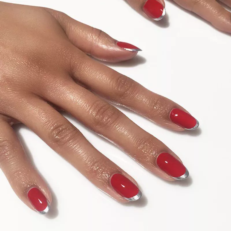 Red nails with silver French tips