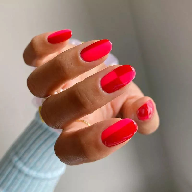 Checkered hot pink and red nail design