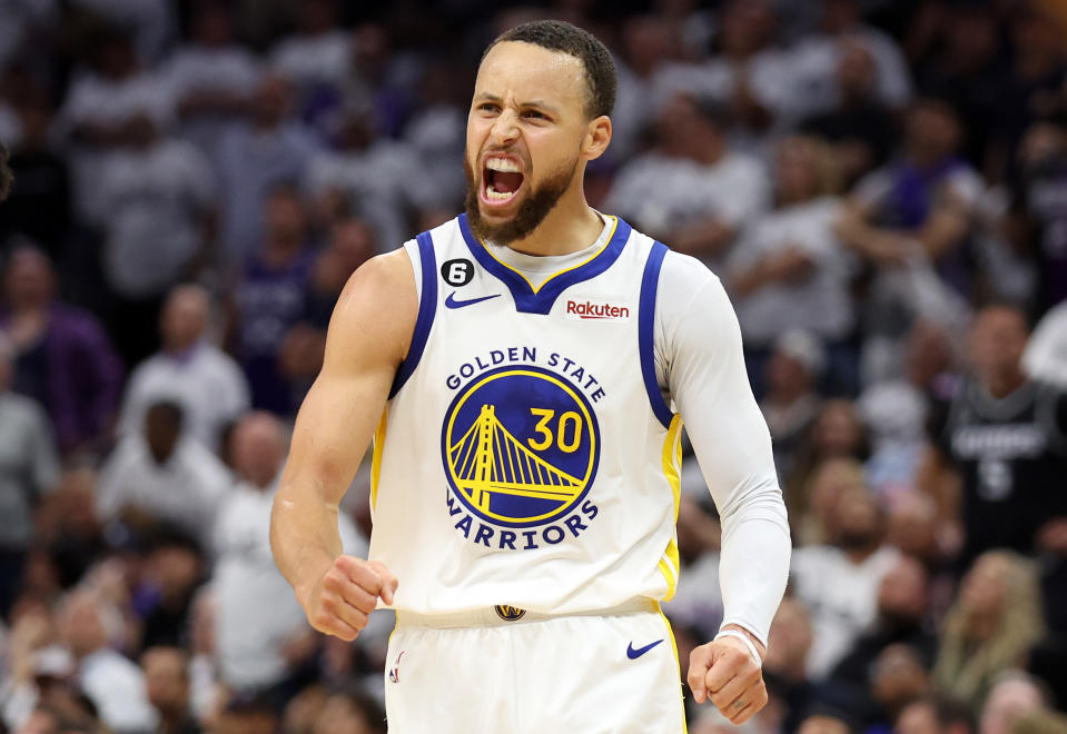 Golden State Warriors guard Stephen Curry celebrates during Game 7 of the first round of the Western Conference playoffs against the Sacramento Kings at Golden 1 Center in Sacramento, on April 30, 2023. (Photo by Ezra Shaw/Getty Images)