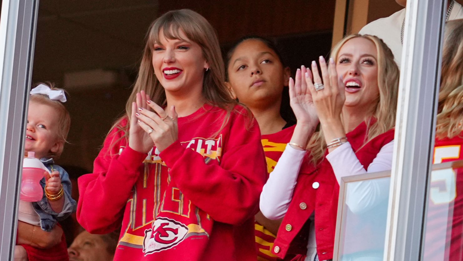 Oct 22, 2023; Kansas City, Missouri, USA; Recording artist Taylor Swift and Brittany Mahomes cheer during the second half between the Los Angeles Chargers and the Kansas City Chiefs at GEHA Field at Arrowhead Stadium. Mandatory Credit: Jay Biggerstaff-USA TODAY Sports