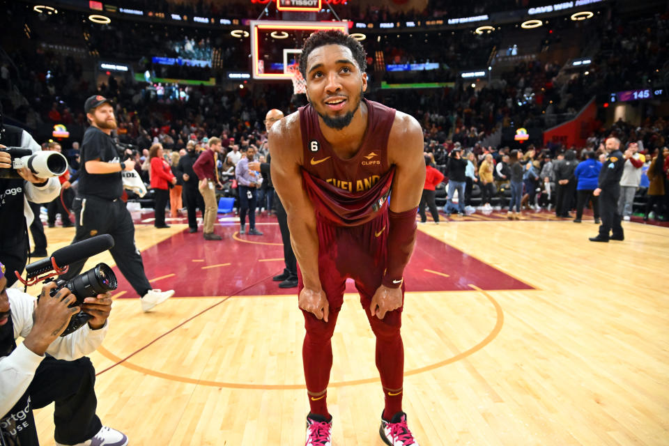 Cleveland Cavaliers guard Donovan Mitchell celebrates after scoring a franchise-record 71 points against the Chicago Bulls at Rocket Mortgage Fieldhouse in Cleveland, Ohio, on Jan. 2, 2023. (Photo by Jason Miller/Getty Images)