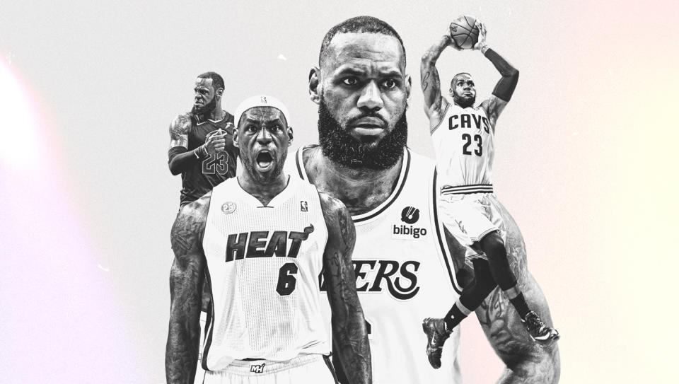 LeBron James set the all-time scoring record in 2023, and showed no signs of slowing down in a prolific career. (Illustration by Amber Matsumoto/Yahoo Sports)
