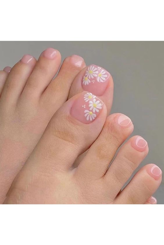 Nude Pink Daisy Square Fake Toenails Short Press on Toe Nails 24Pcs Acrylic Daisy False Toes Nails Graceful Design with Glue Artificial Fake Nails Full Cover Toenail for Women and Girls, #AD, ##Girls, #Sponsored, #Women, #Pink, #Daisy