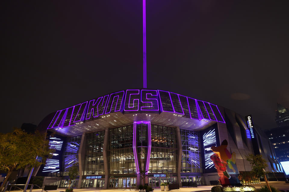 An exterior view of Golden 1 Center in Sacramento with the purple beam lit after a Kings win. (Photo by Lachlan Cunningham/Getty Images)