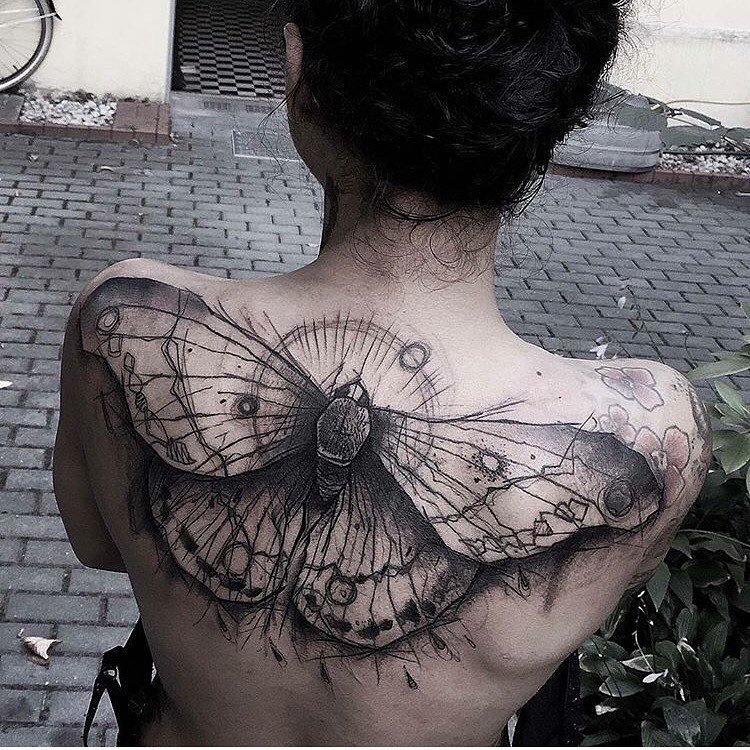 Blue Butterflies Tattoos On Girl Upper Back