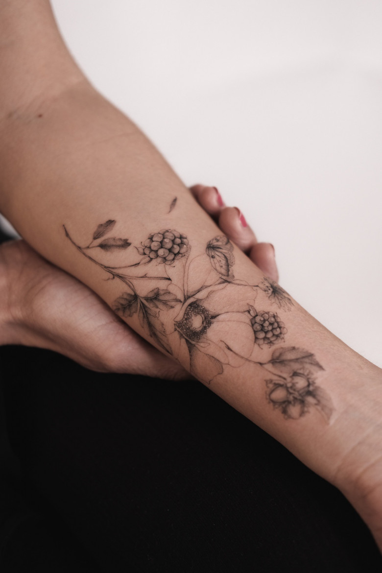 Fine line botanical tattoo by Ksenia Way Ink