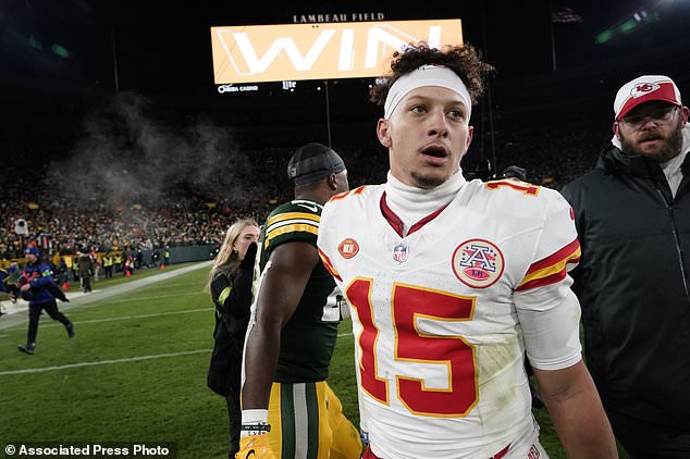 Kansas City Chiefs quarterback Patrick Mahomes (15) walks off the field after an NFL football game against the Green Bay Packers, Sunday, Dec. 3, 2023 in Green Bay, Wis. (AP Photo/Morry Gash)