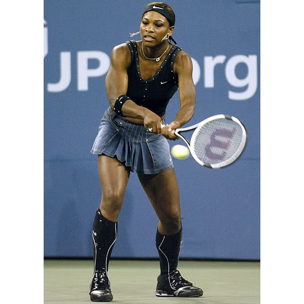 Serena Williams of the US debuts a new outfit as she warms up for her match against Sandra Kleinova of Czech Republic before their first round match at the US Open in Flushing Meadows,  New York Monday 30 August 2004
