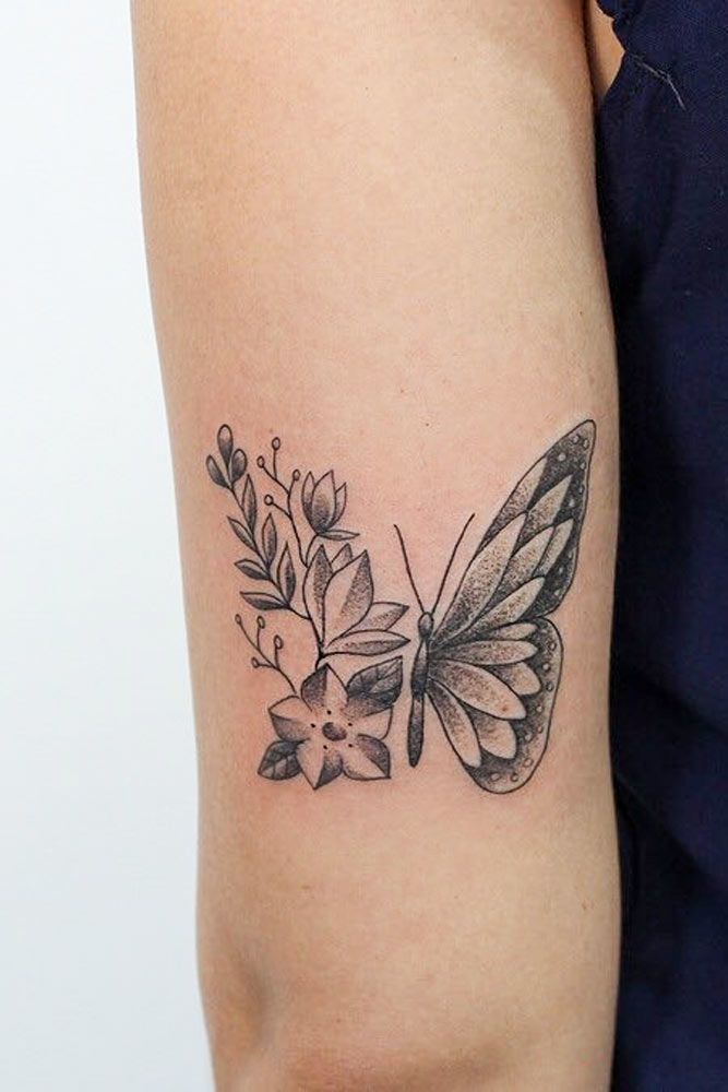 Buttefly Tattoo With Flowers #flowers