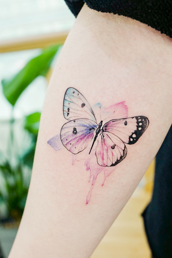 Watercolor Butterfly Arm Tattoo Design #watercolortattoo