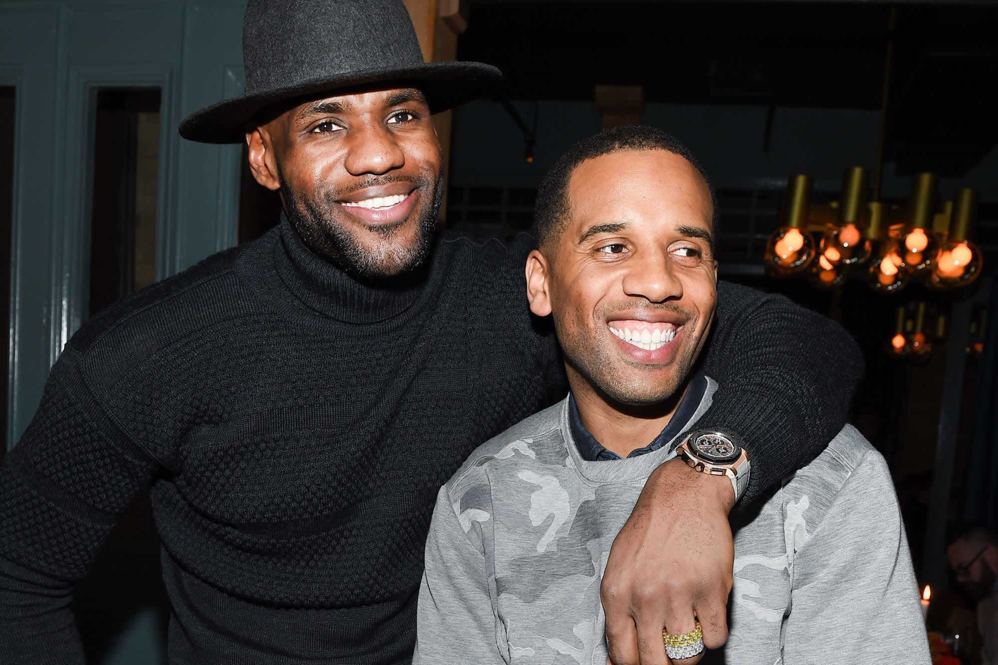LeBron James and Maverick Carter attend the Beats in the Six and Drake Welcome Dinner at Fring's on February 11, 2016, in Toronto, Canada.