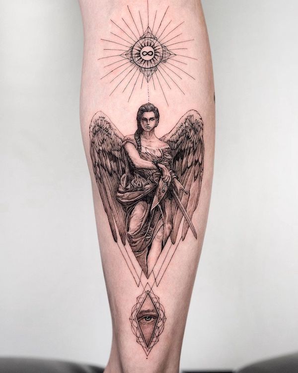 Angel warrior calf tattoo by @noma_tattooer
