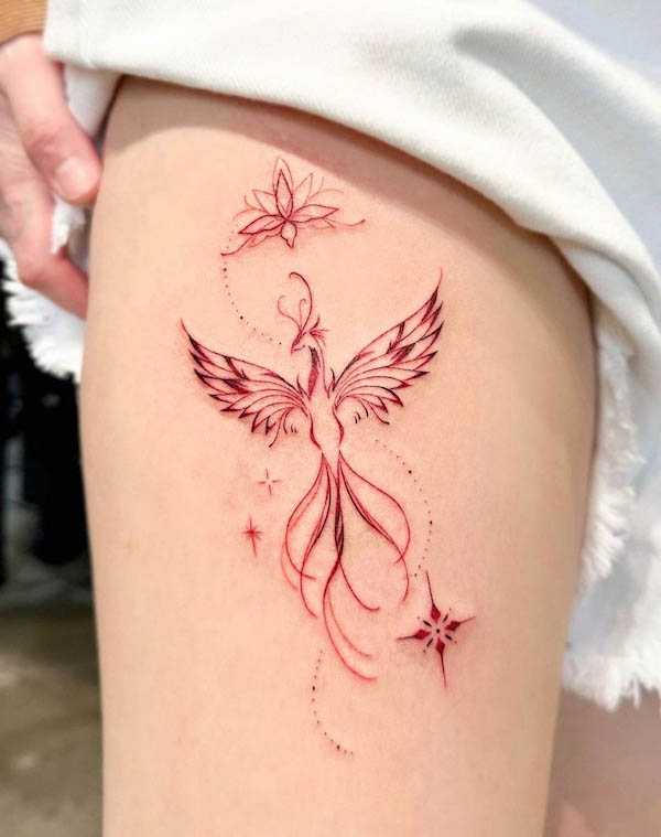 Beautiful phoenix leg tattoo by @e.hyang_.tattoo