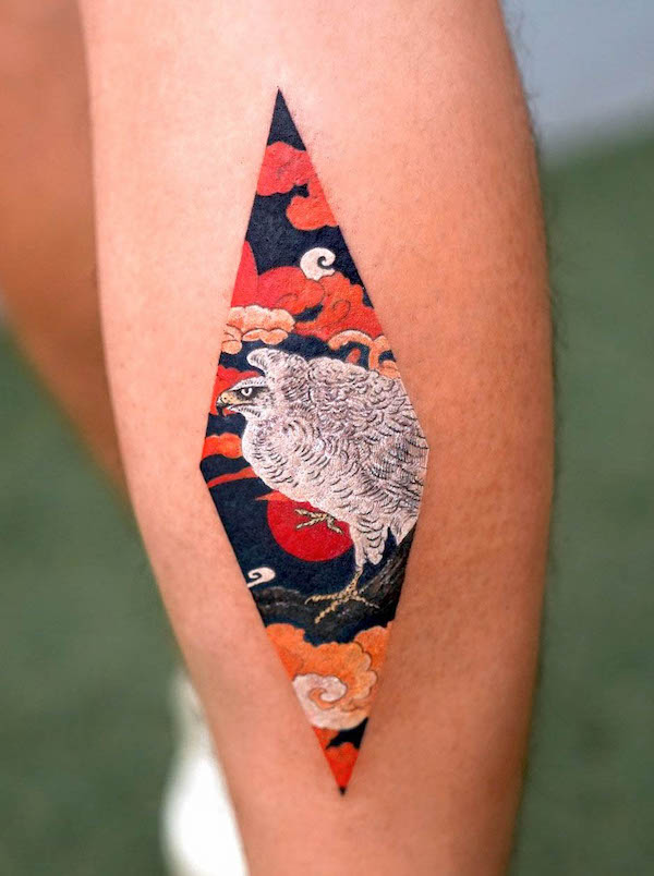 Bird calf tattoo by @tattooist_eq