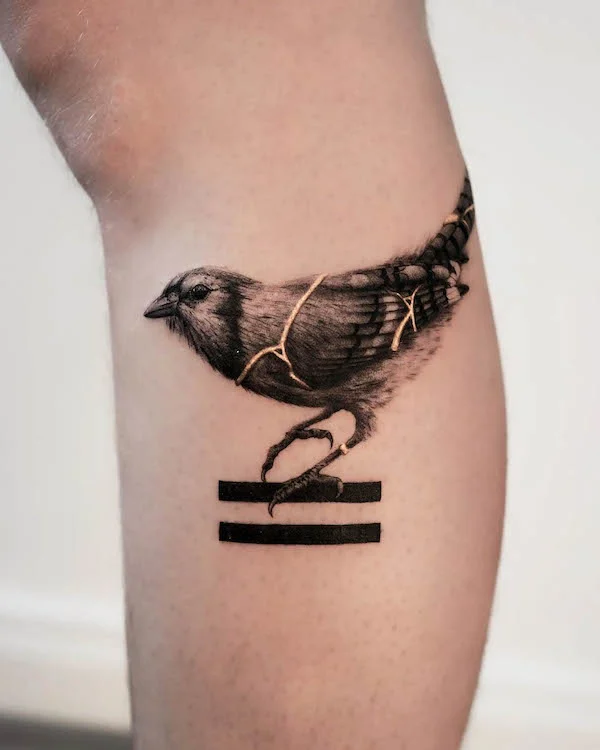 Blackwork kintsugi bird tattoo by @jamjam.tattoo