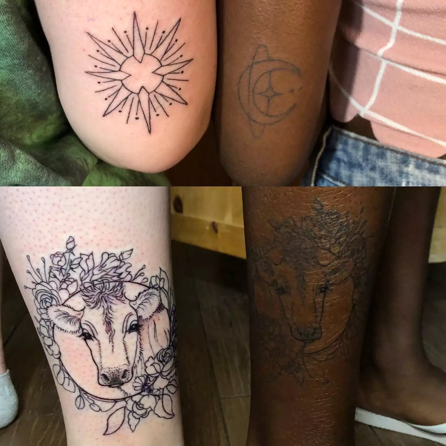 two people with complementary sun and moon tattoos and cow tattoos