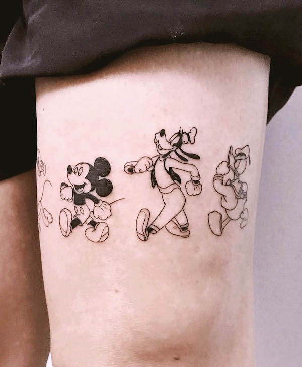 Cute Disney characters leg tattoo for women by @parallaxartstudio