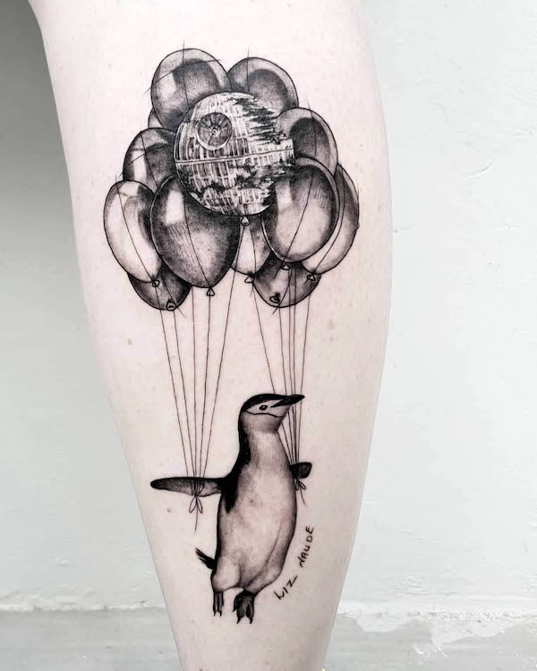 Flying penguin calf tattoo by @lingtattoo