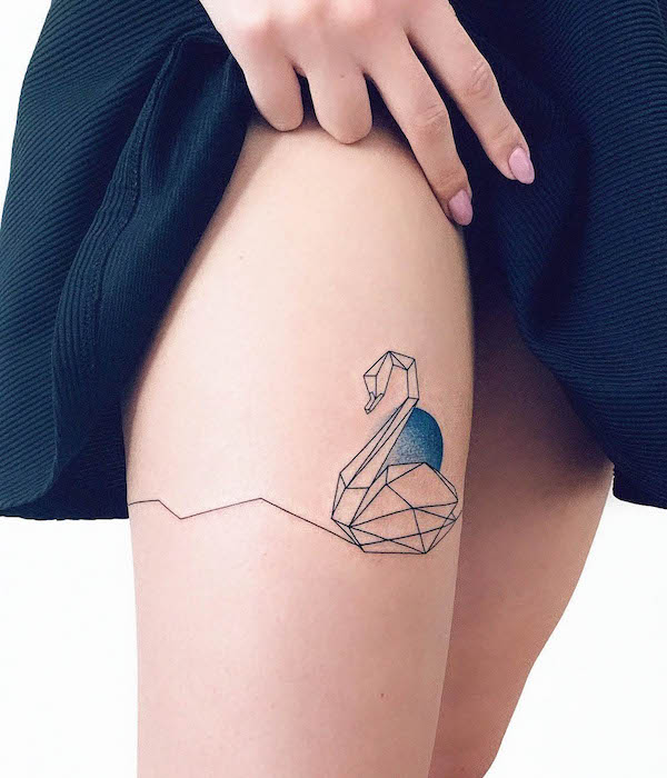 Geometric swan thigh tattoo by @erin_heartless_tattoo