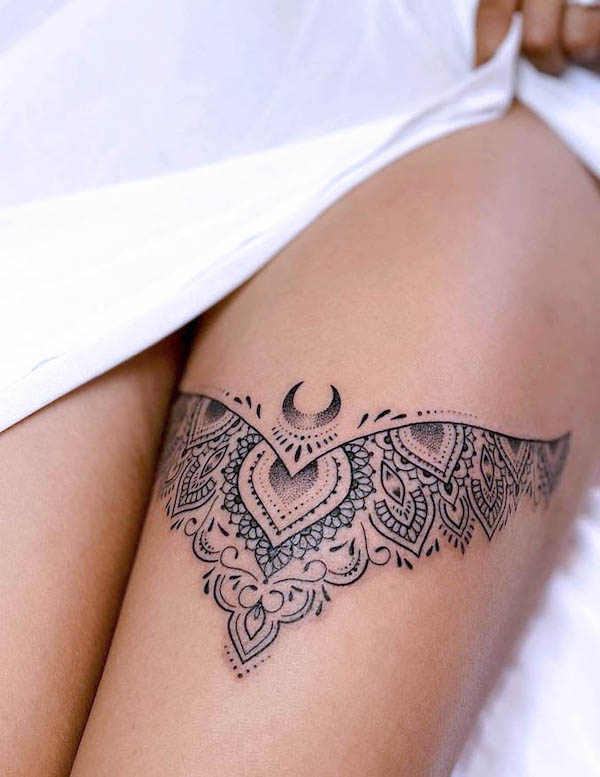 Mandala moth thigh tattoo by @anais_chabane