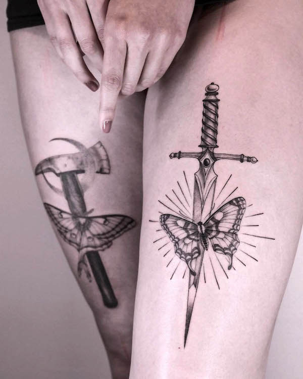 Matching badass leg tattoos for women by @justine.tattoo