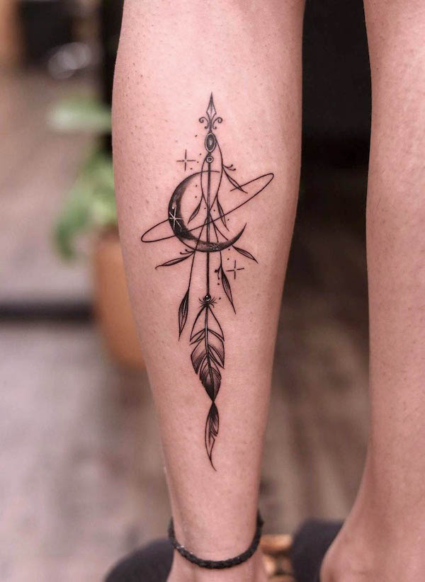 Moon and arrow calf tattoo by @arunmanuu