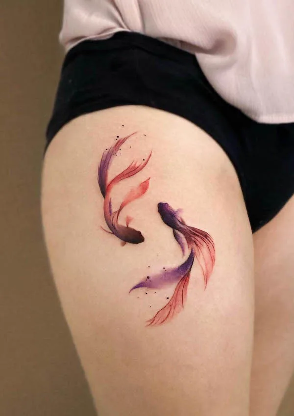Pisces fish thigh tattoo by @leean.ink_