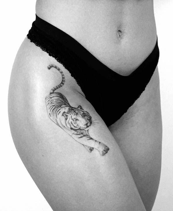 Tiger upper thigh tattoo by @rene__tattoo