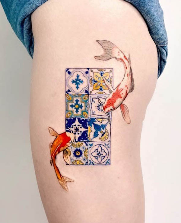 Tiles and koi fish leg tattoo for women by @serenayakcicekx