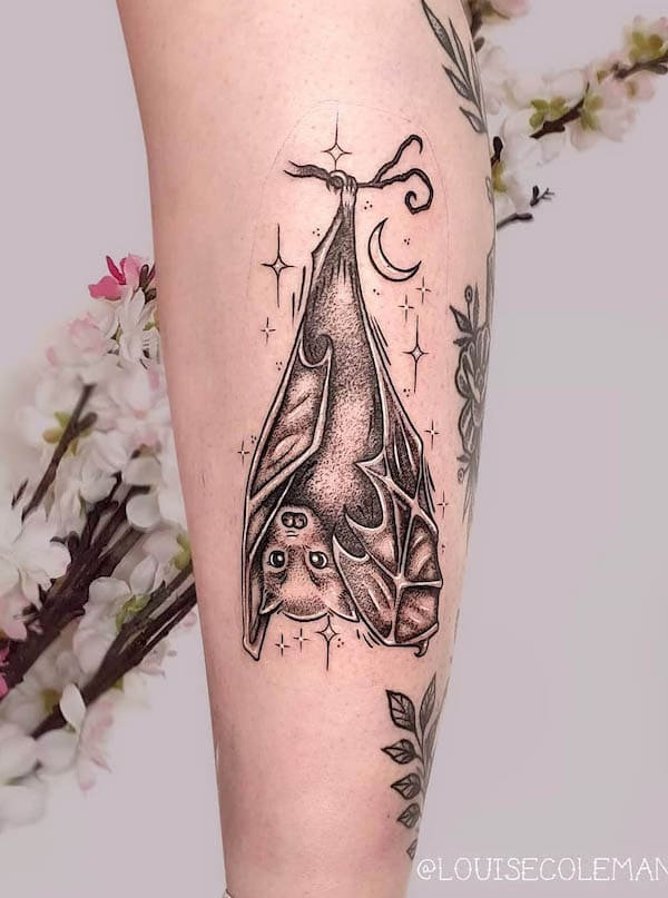 Witchy bat tattoo by @louisecolemantattoos