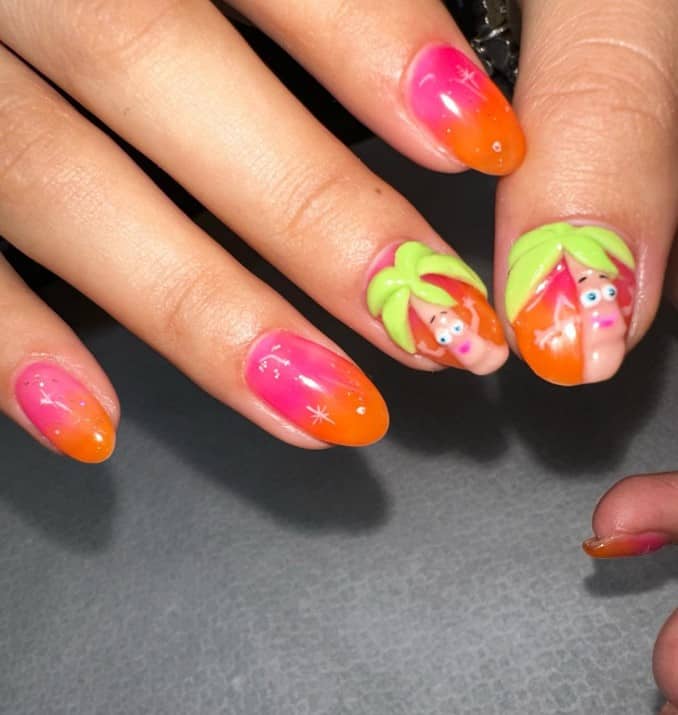 A closeup of a woman's long nails with orange and pink blended to create ombre nails that has 3D coconut tree cartoon nail art