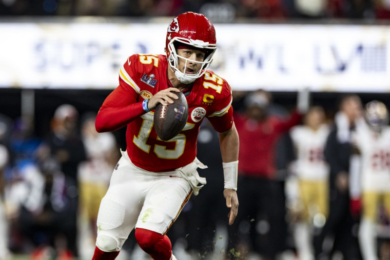 LAS VEGAS, NEVADA - FEBRUARY 11: Patrick Mahomes #15 of the Kansas City Chiefs runs the ball during Super Bowl LVIII against the San Francisco 49ers at Allegiant Stadium on Sunday, February 11, 2024 in Las Vegas, Nevada. (Photo by Lauren Leigh Bacho/Getty Images)
