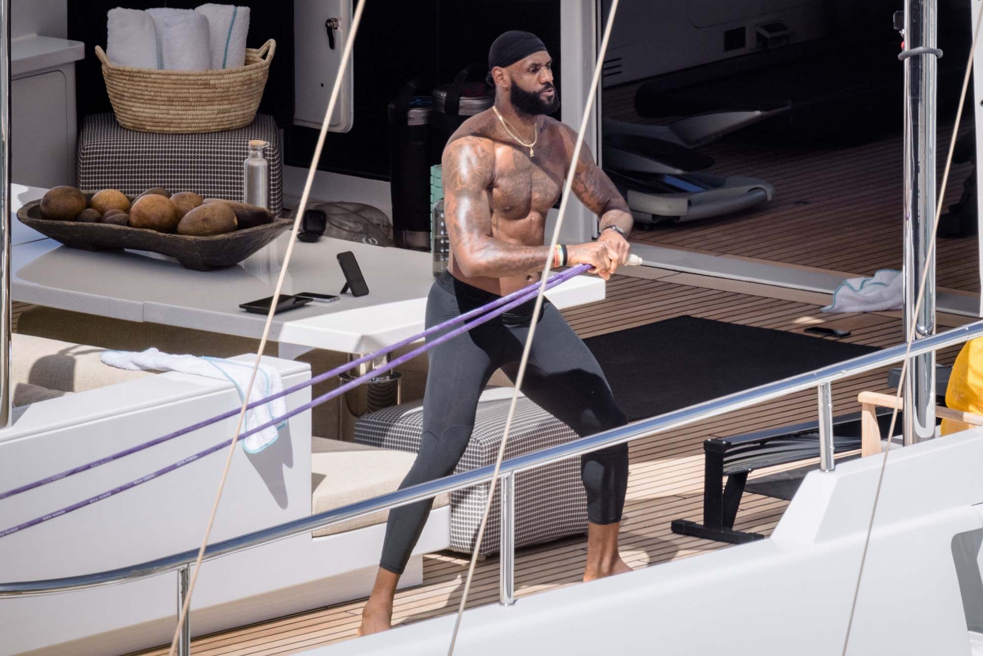 LeBron James works out in compression pants.