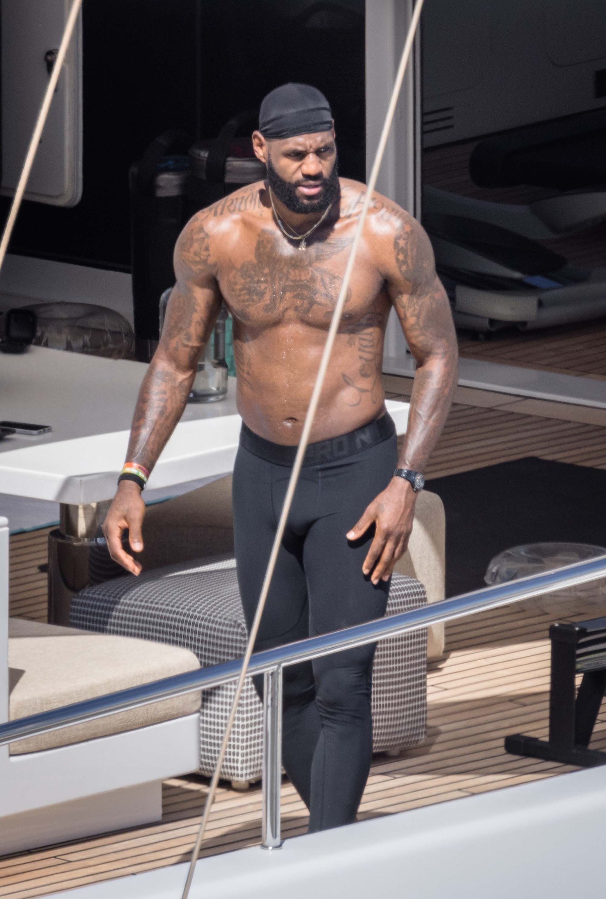 LeBron James works out in compression pants.