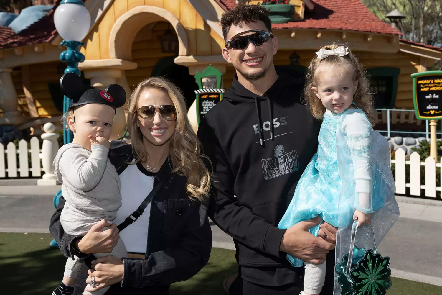 MVP Patrick Mahomes of the Kansas City Chiefs poses with his wife, Brittney Mahomes, their children Sterling, 2, and Bronze 1