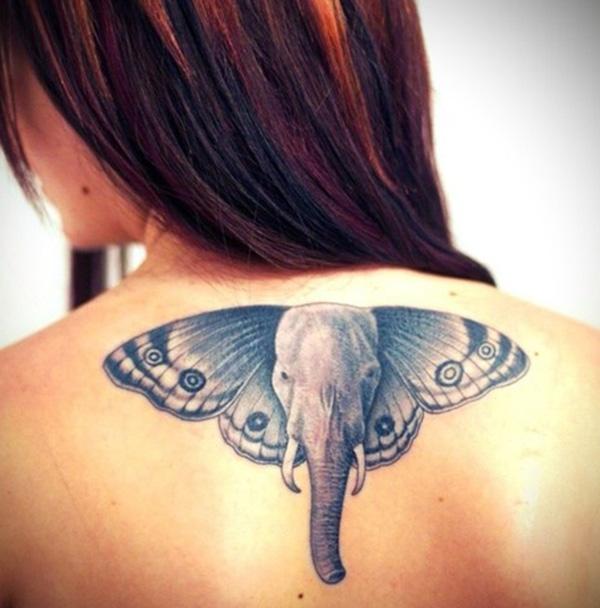 Elephant head with butterfly wings neck tattoo