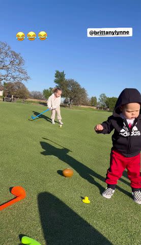 <p>Patrick Mahomes/Instagram</p> Patrick Mahomes showed off his kids' golfing skills in a video posted on his Instagram Story