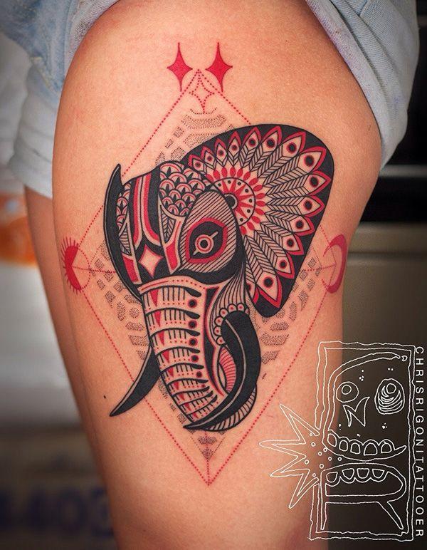 Decorated elephant head illustration tattoo