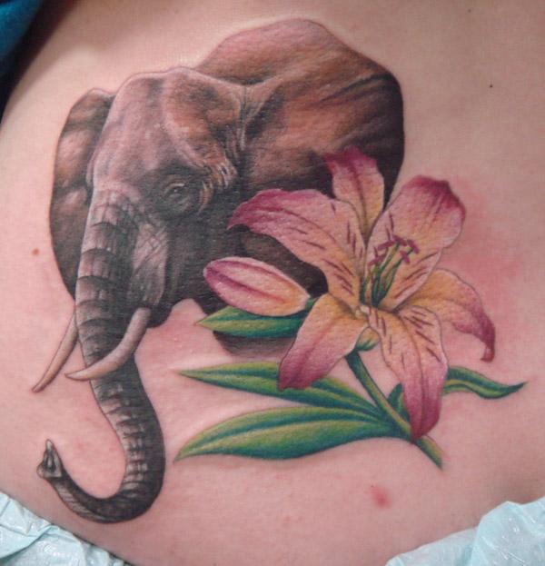 A realistic elephant and pink lily