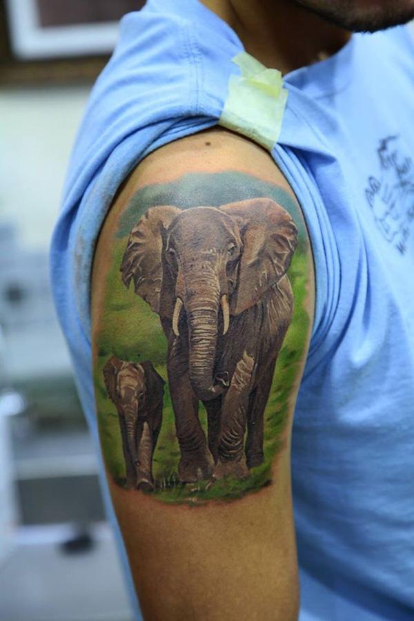 3D elephant and cub tattoo