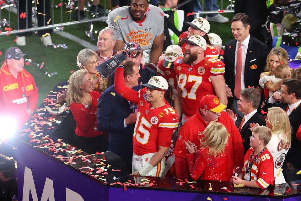 LAS VEGAS, NEVADA - FEBRUARY 11: Patrick Mahomes #15 of the Kansas City Chiefs holds the Lombardi Trophy after defeating the San Francisco 49ers 25-22 in overtime during Super Bowl LVIII at Allegiant Stadium on February 11, 2024 in Las Vegas, Nevada. (Photo by Michael Reaves/Getty Images)