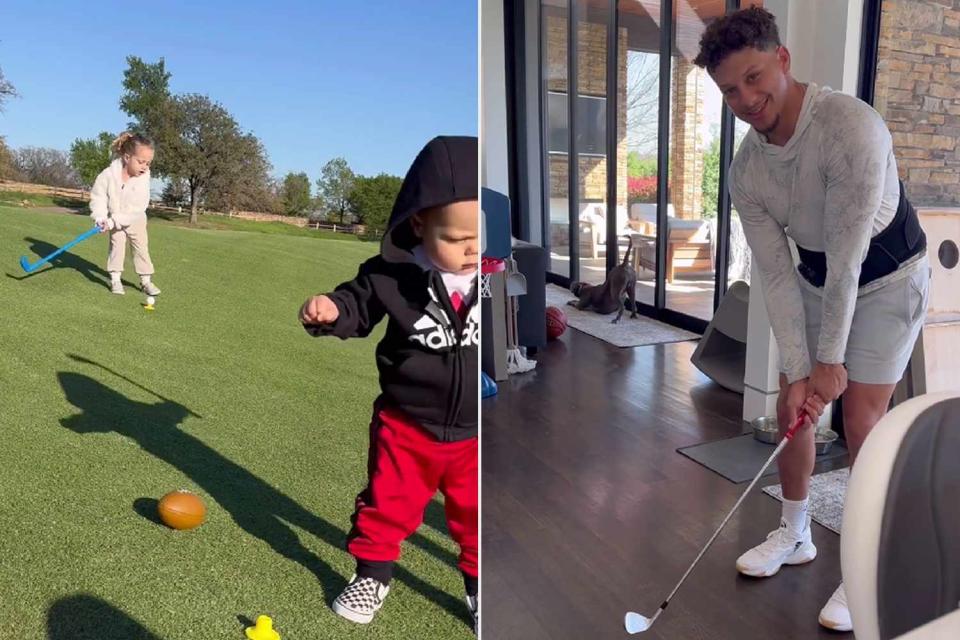<p>Patrick Mahomes/Instagram; Brittany Mahomes/Instagram</p> Patrick Mahomes plays golf with his children Sterling and Bronze