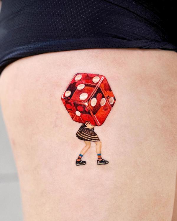 A girl carrying a dice tattoo
