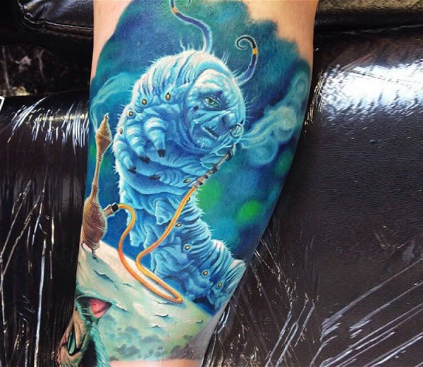 A realistic blue caterpillar tattoo
