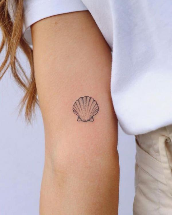 A small scallop shell tattoo on upper arm