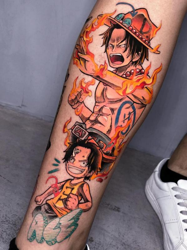 Ace and Sabo One Piece tattoo lower leg