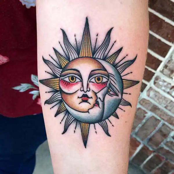 American traditional sun and moon tattoo