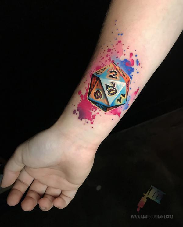 An icosahedron dice tattoo watercolor