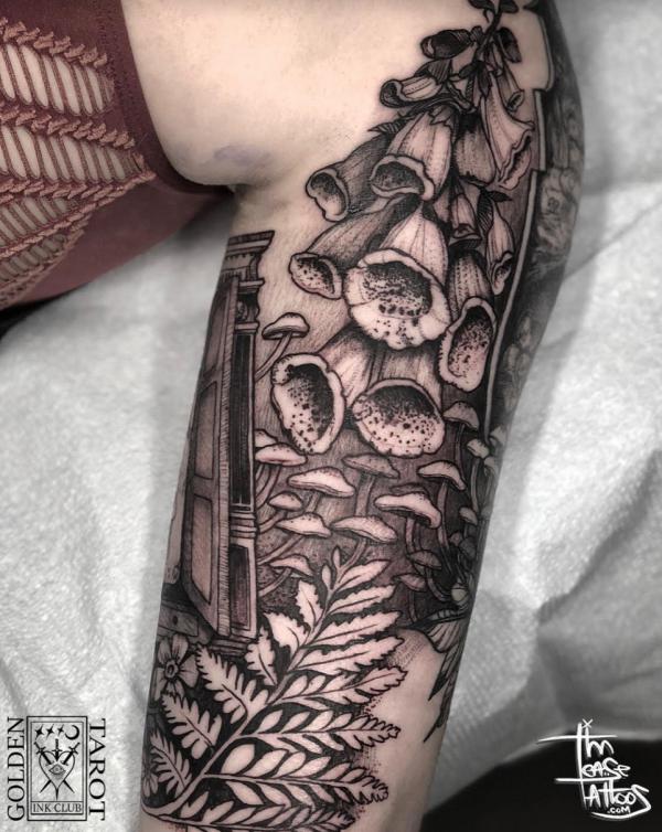 Blackwork Foxglove lower leg tattoo